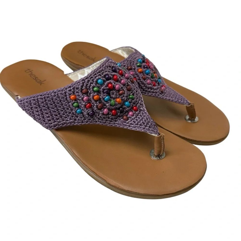 The Sak Crochet Beaded Sandals Flip Flop Multicolored Wood Women's Size 10 Shana - Picture 6 of 6